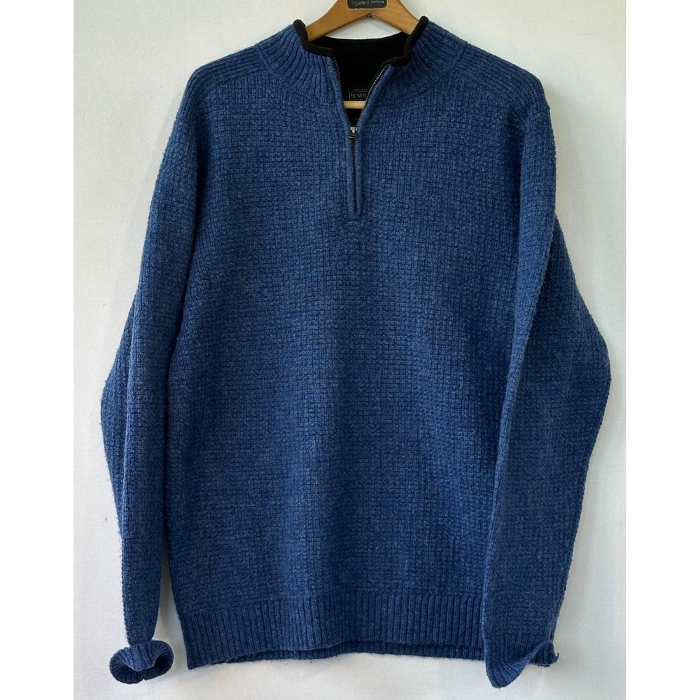 Pendleton Quarter Zip Waffle Knit Washable Wool Mens Large Blue Excellent